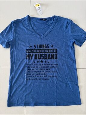 Women’s Blue V‑Neck Graphic T‑Shirt - 5 Things You Should Know About My Husband